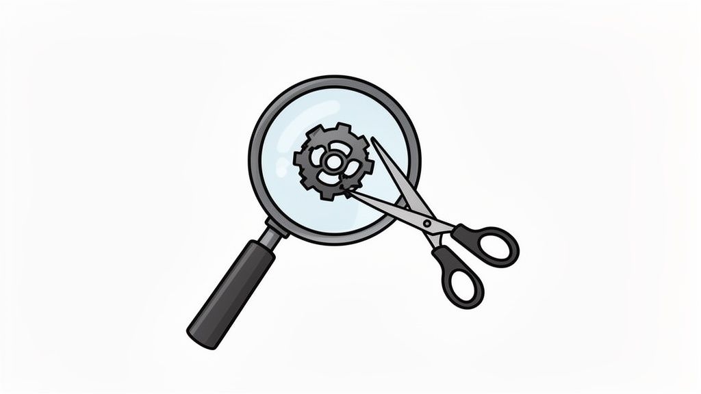 Magnifying glass focusing on a gear being cut by scissors, representing analysis and strategic adjustments.