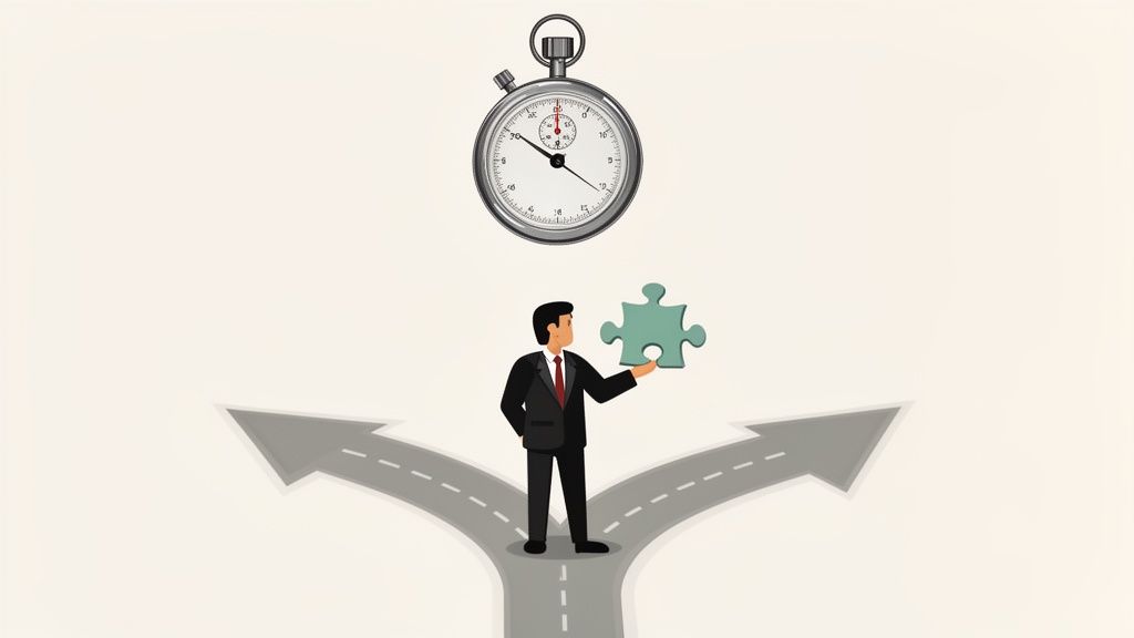 Businessman at a crossroads, holding a puzzle piece, with a stopwatch above, symbolizing decisions and time pressure.