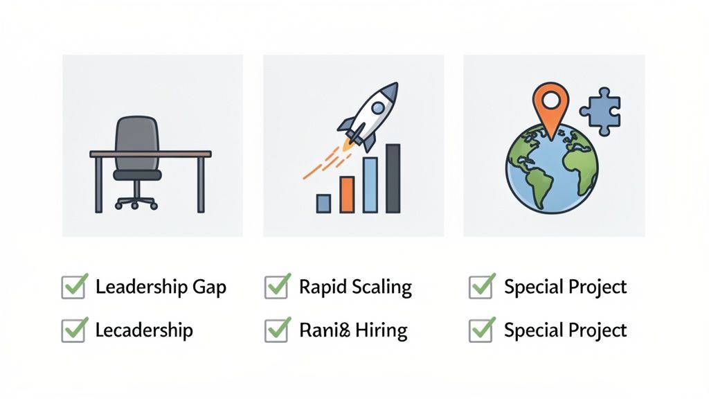Illustrations depicting reasons for interim executive recruitment: leadership gaps, rapid scaling, and special projects.