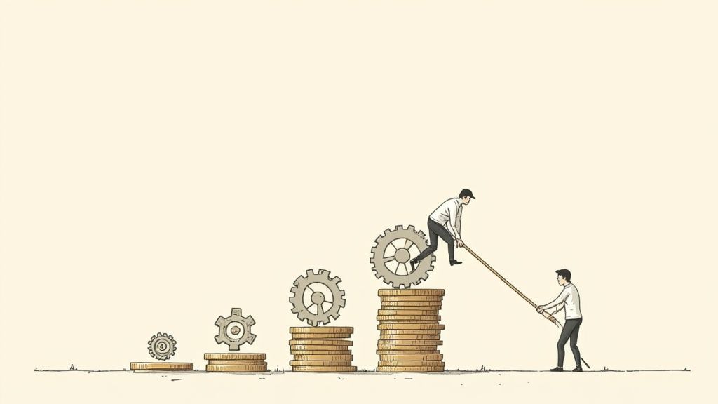 Two men collaborate, using a lever to place gears onto growing stacks of coins, symbolizing financial growth.