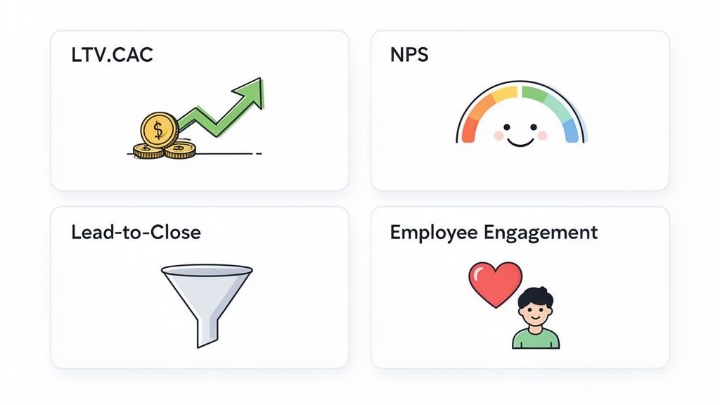 Four cards illustrating key business metrics: LTV.CAC, NPS, Lead-to-Close, and Employee Engagement.