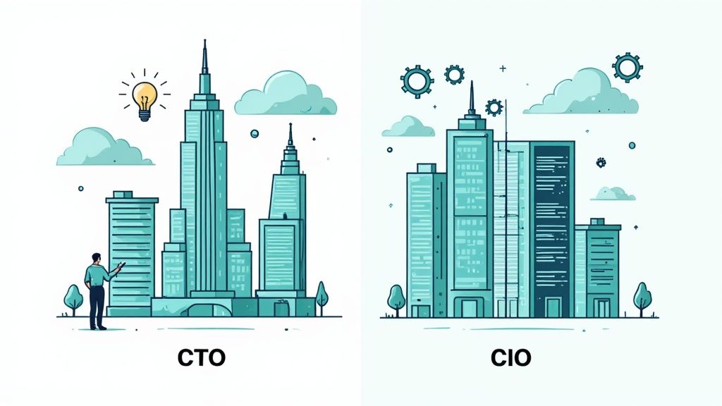 A side-by-side comparison visual of a CIO managing internal systems and a CTO designing an external product.