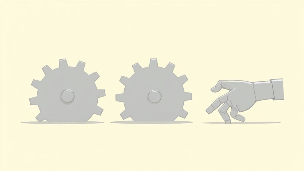 A modern office setting with transparent screens showing automated workflows, while team members collaborate on creative tasks.