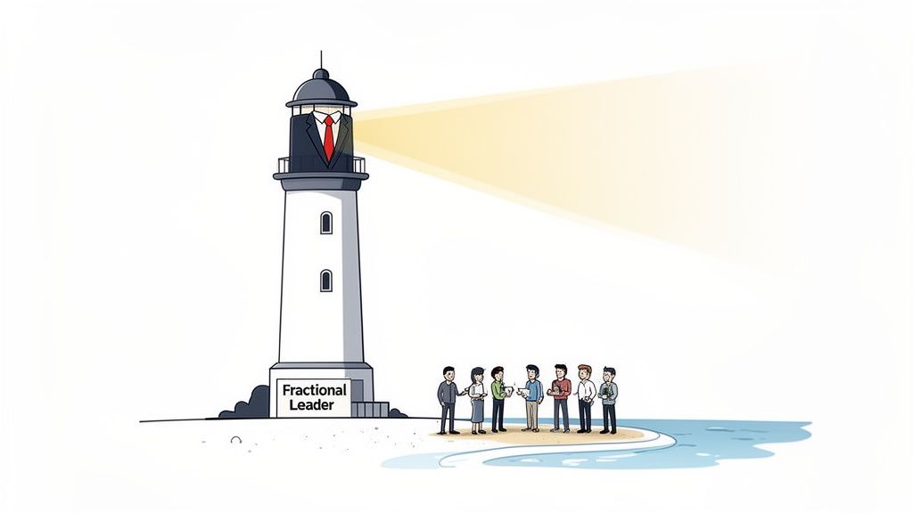 A lighthouse with a business suit and tie emitting light over a group of people, labeled 'Fractional Leader'.
