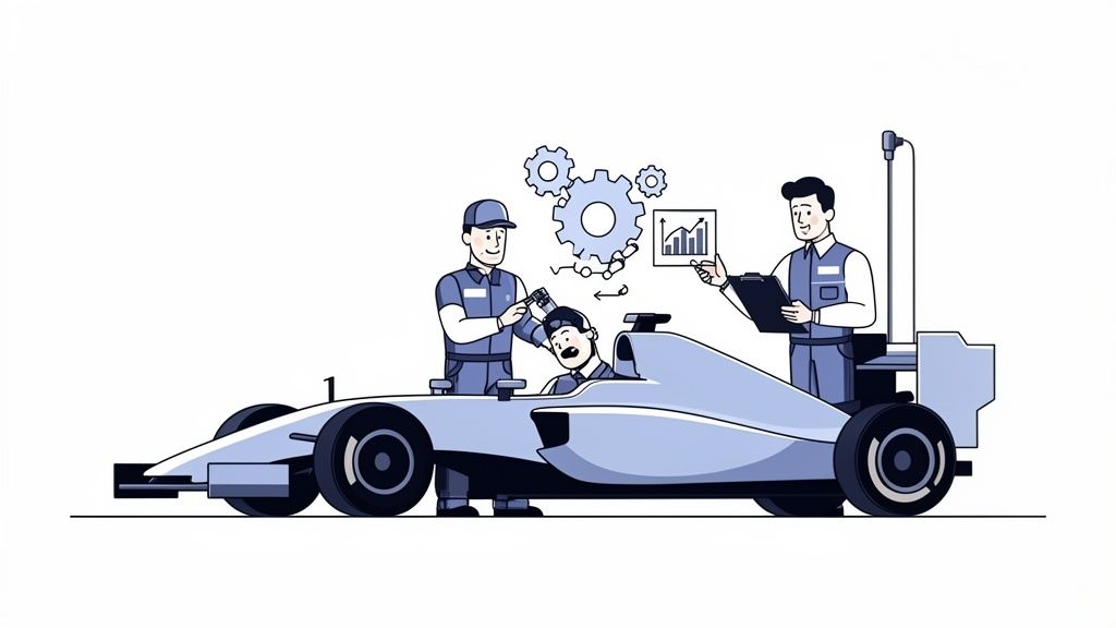 Engineers optimize a race car and driver, analyzing performance data with gears and charts.