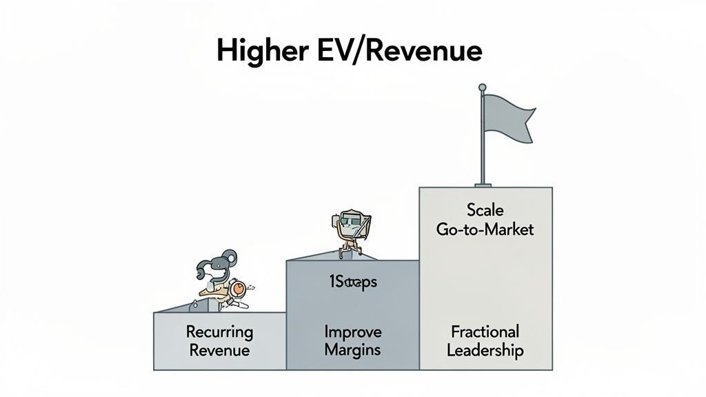 Staircase diagram showing steps to achieve higher EV/Revenue: Recurring Revenue, Improve Margins, Scale Go-to-Market, and Fractional Leadership.