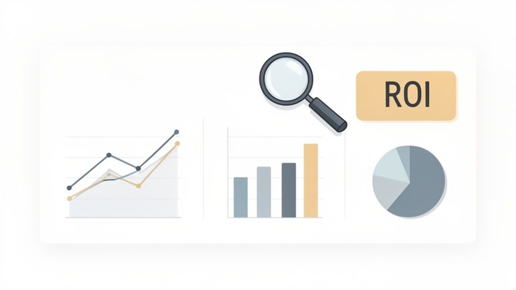 An illustration of various charts, a magnifying glass, and ROI, representing business data analysis.