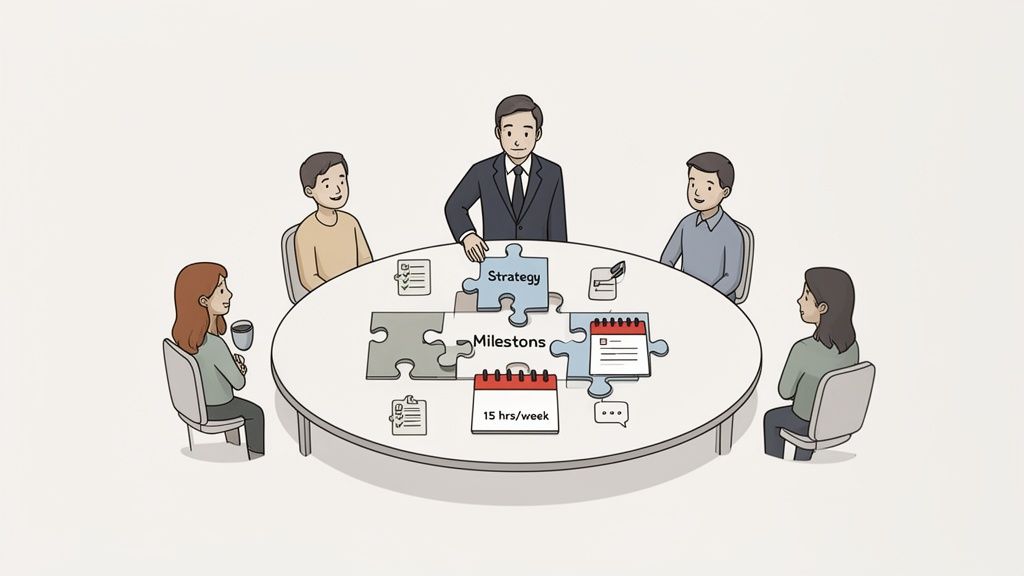 Five professionals around a table, collaborating on a strategy, milestones, and work schedule using puzzle pieces.