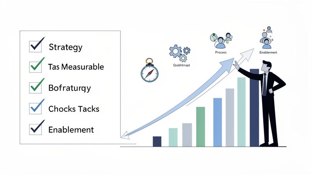A businessman points to an upward trend on a bar chart, next to a checklist of business strategies.