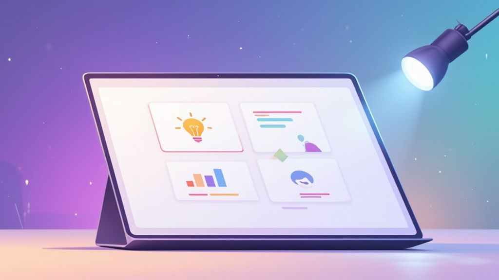 A digital tablet displaying conceptual cards for ideas, text, data, and profiles, illuminated by a desk lamp.