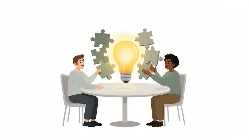 Two diverse men collaboratively assemble a lightbulb puzzle on a table, symbolizing teamwork and idea generation.