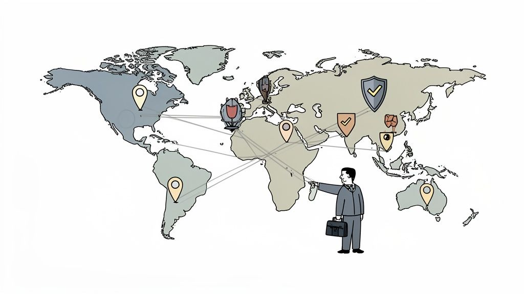 Man in suit points to a world map with global locations, shield icons, and connecting lines.