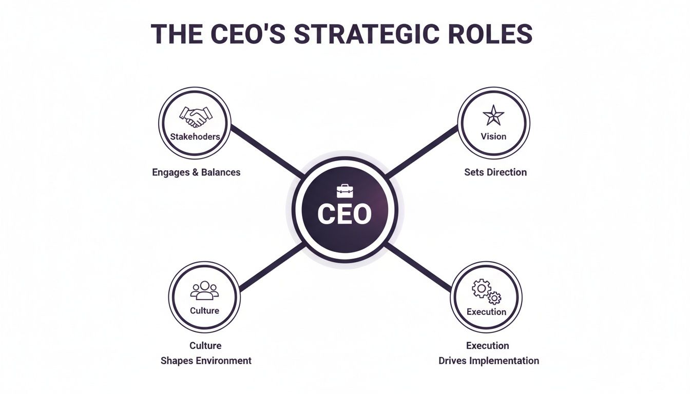 Diagram illustrating the CEO's four strategic roles: engaging stakeholders, setting vision, shaping culture, and driving execution.