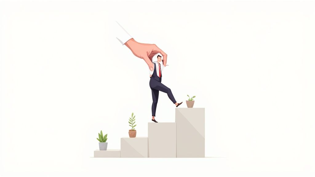 A large hand helps a businessman climb steps with small potted plants, symbolizing career growth and support.