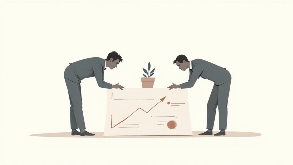 Two businessmen in suits look intently at a large graph showing an upward trend and a potted plant.