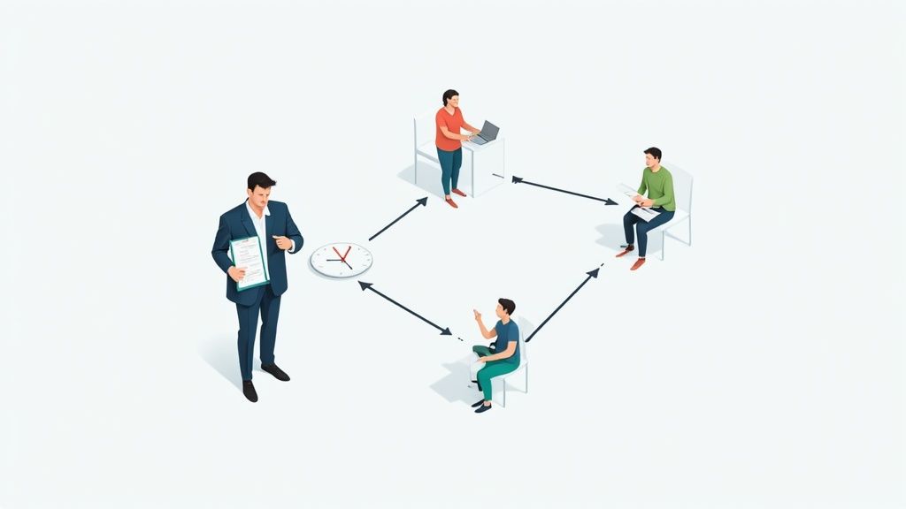A fractional executive mentoring a startup team around a table with data visualizations.
