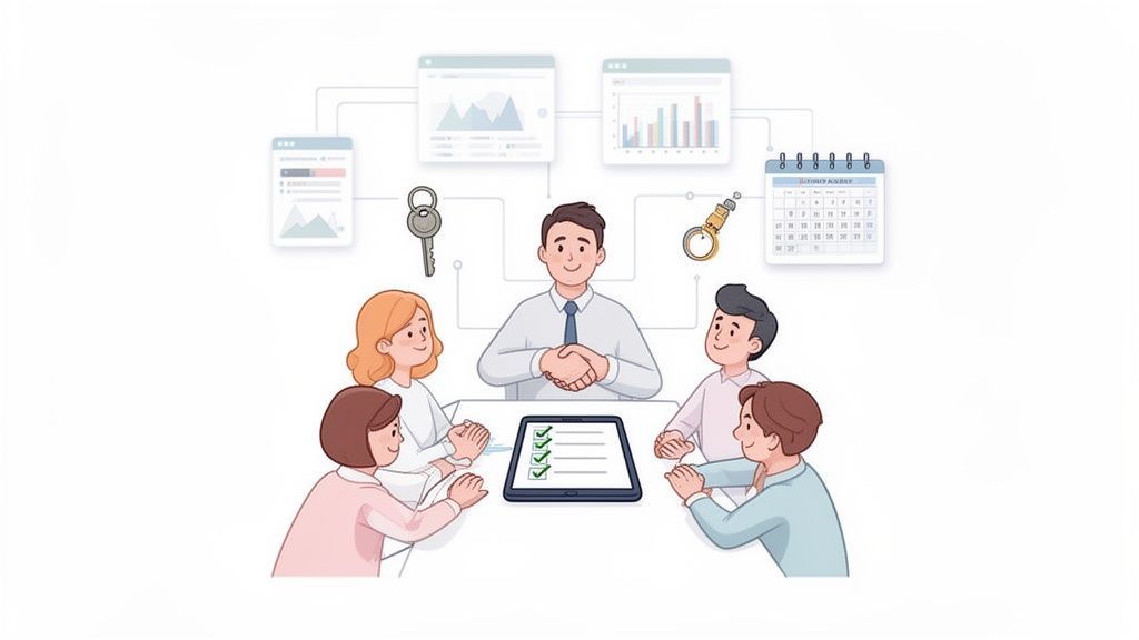 Diverse team collaborates around a table with a digital checklist, data, calendar, and keys.