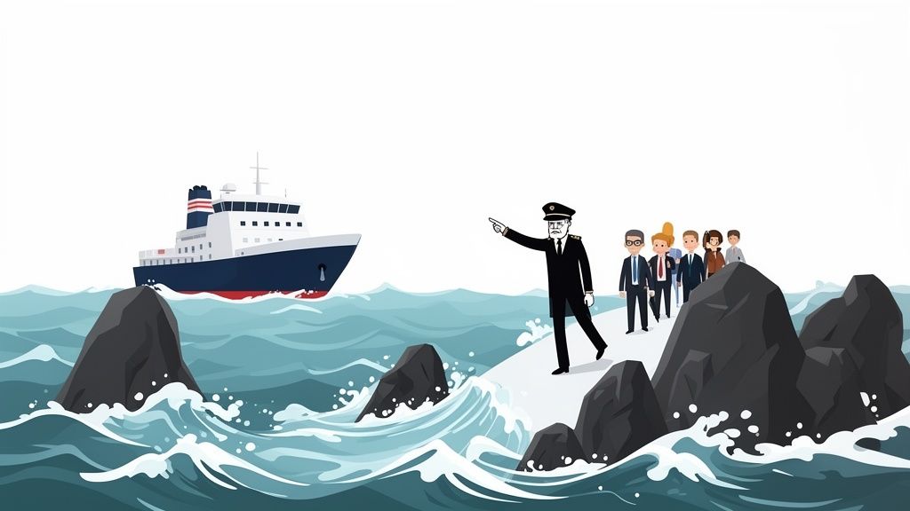 A captain guides a team of professionals over a rocky path in rough waters towards a ship.