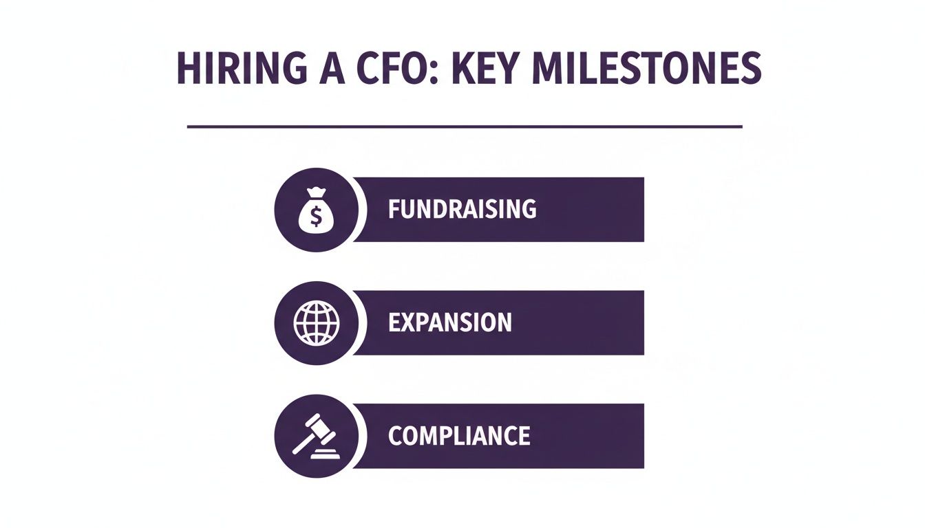 Visualizing key milestones for hiring a CFO, including fundraising, expansion, and compliance.