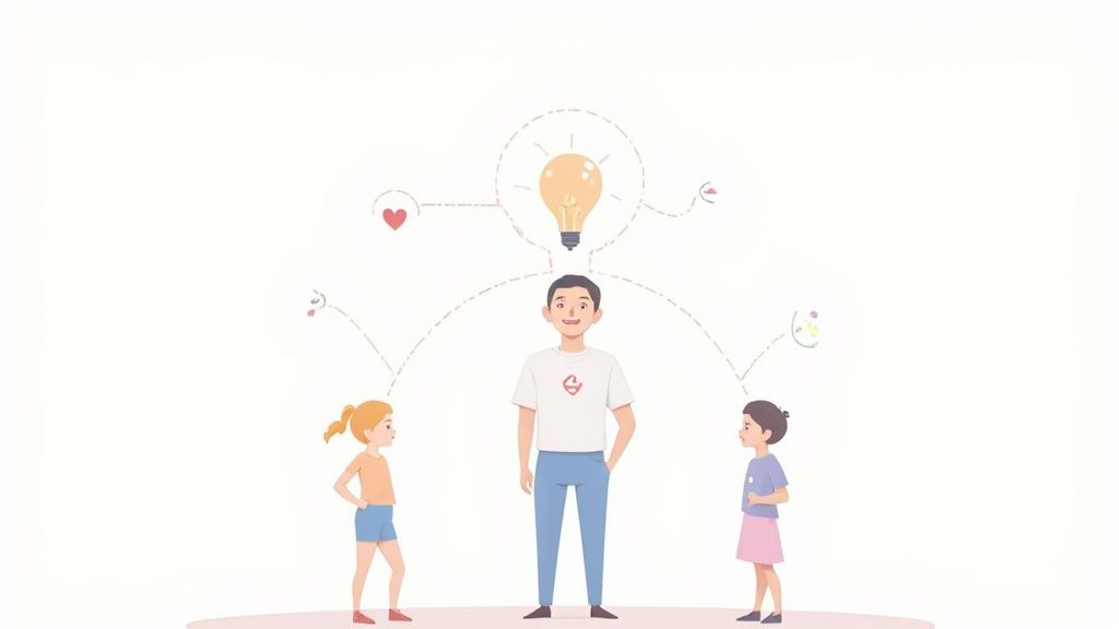 An illustration of a man and two children, connected by a lightbulb symbolizing shared ideas and learning.