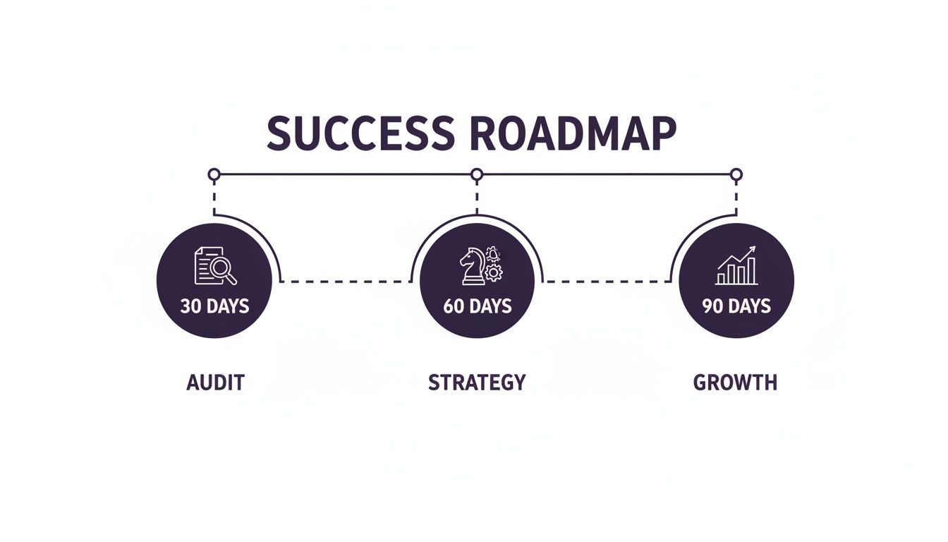 Success roadmap infographic detailing 30-day audit, 60-day strategy, and 90-day growth phases.