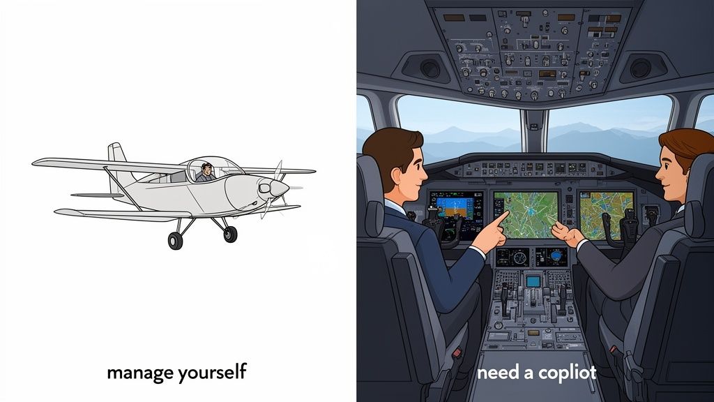 Comparison of flying a simple plane solo vs. a complex airliner requiring a copilot, illustrating different management needs.