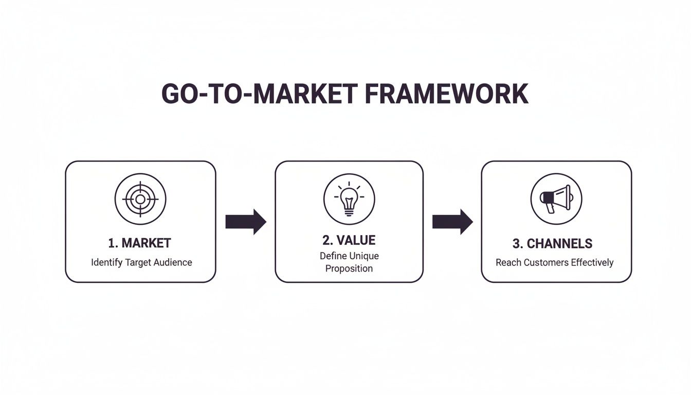 Go-to-Market framework flowchart showing three steps: Market, Value, and Channels for strategy development.
