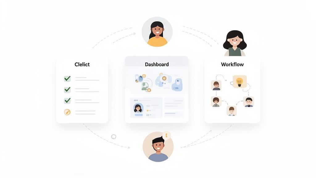People collaborate through a cyclical business process, utilizing a checklist, dashboard, and workflow management system.