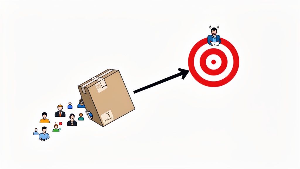 An illustration of a group of people being channeled in a box towards a target goal, overseen by a horned manager.
