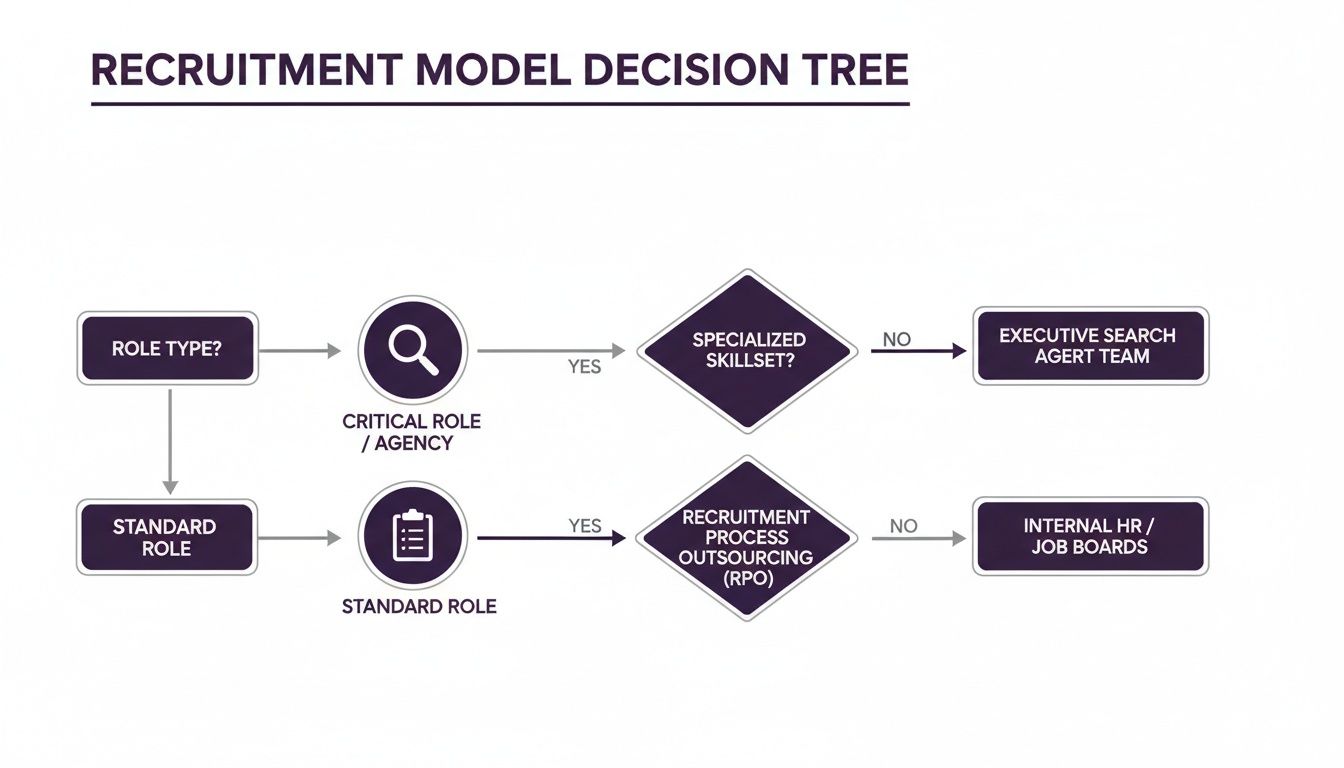 Recruitment model decision tree flow chart for critical and standard roles, outlining options like executive search or internal HR.
