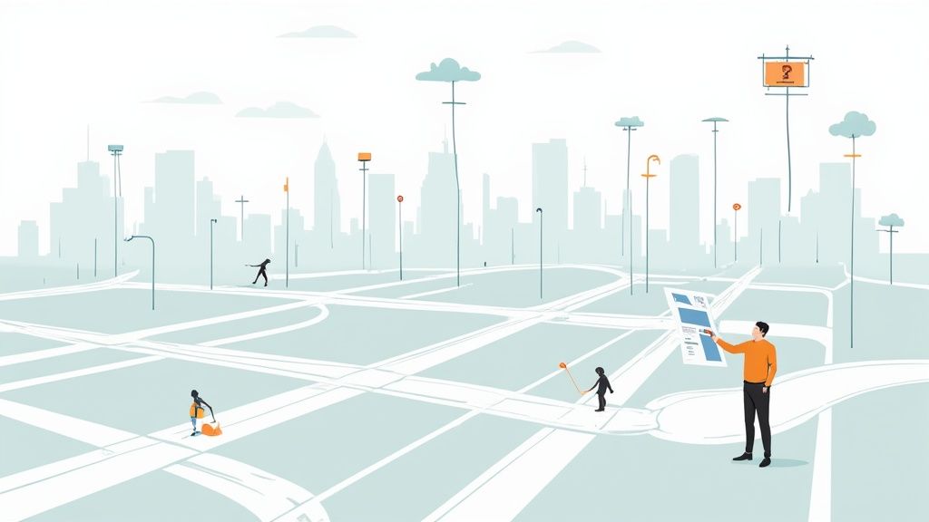 A group of executives in a modern office, collaborating on a digital strategy.