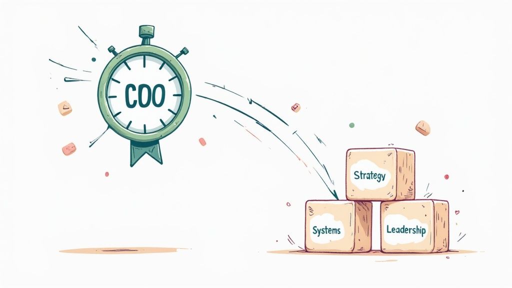 A COO stopwatch directs an arrow towards blocks labeled Strategy, Systems, and Leadership, illustrating core responsibilities.