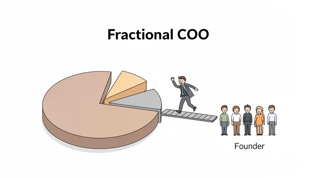 An illustration showing a Fractional COO walking on a plank towards a slice of a pie chart, with founders observing.