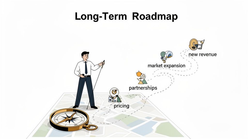 Illustration of a businessman on a map with a compass, outlining a long-term roadmap for business growth.