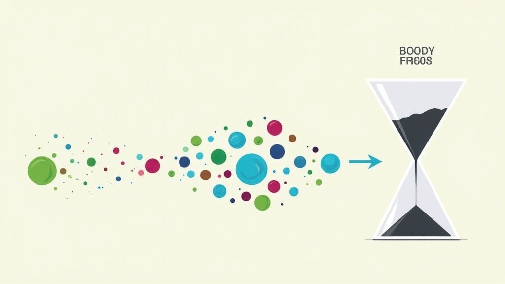 Colorful dots flow towards an hourglass, symbolizing the passage of time or resource allocation.