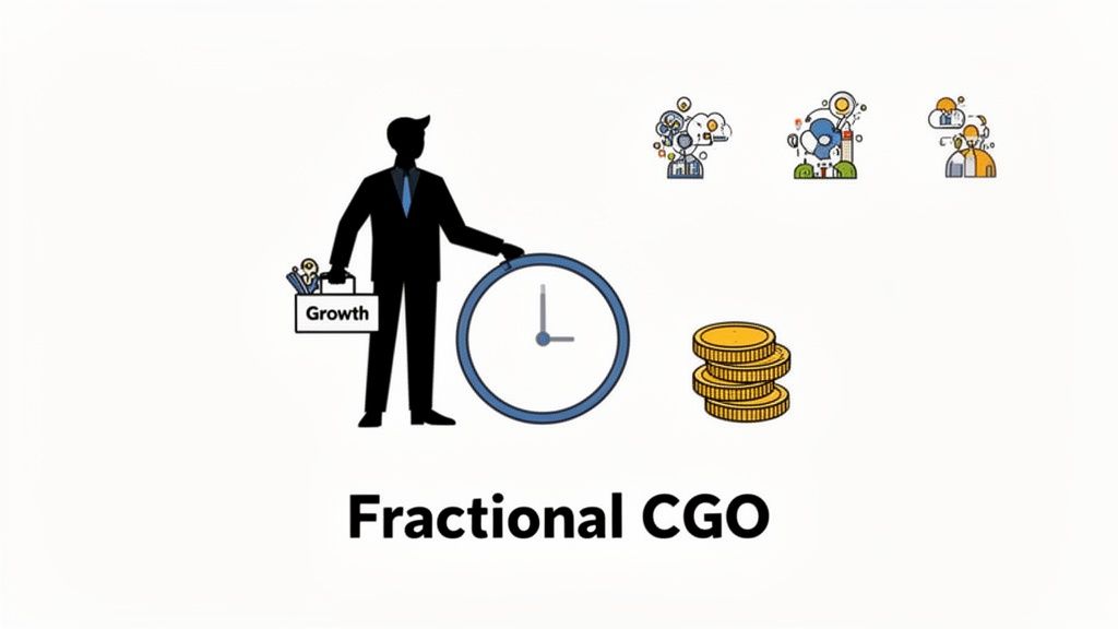 Illustration of a businessman holding a growth briefcase and clock, with coins, representing Fractional CGO.