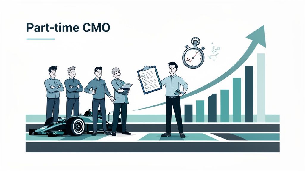 Illustration of a business team with a race car and growth chart for part-time CMO services.