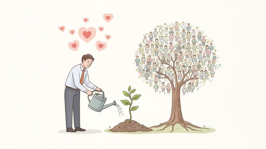 A man in a business shirt waters a small plant, while hearts float above, next to a tree formed by people.