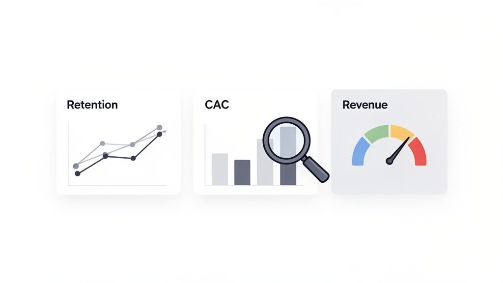 A dashboard displaying business metrics like Retention with a line graph, CAC with a bar chart and magnifying glass, and Revenue with a gauge.