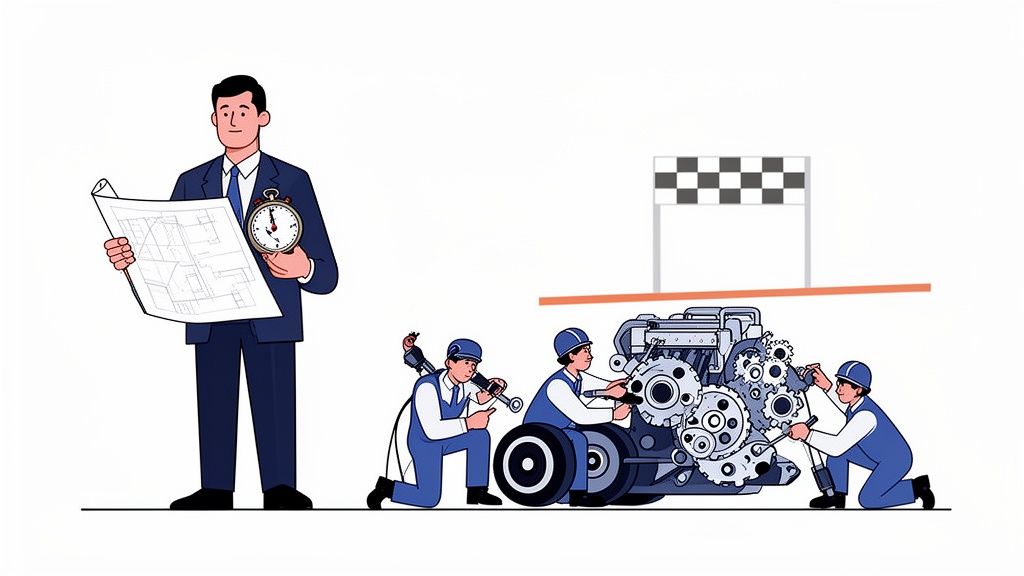 A manager with blueprints and stopwatch oversees mechanics assembling an engine at a finish line.