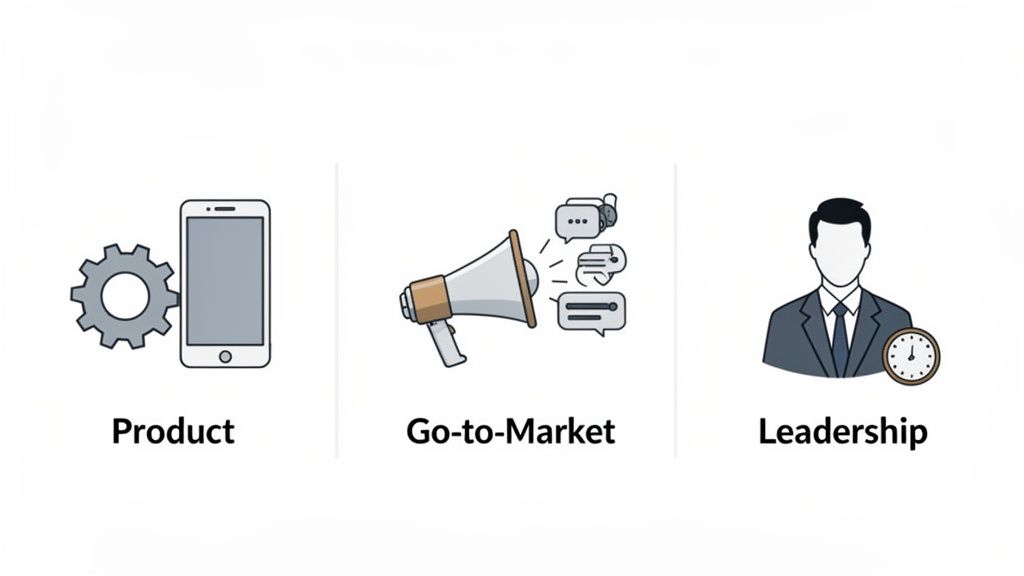 Visual representation of three key business pillars: Product, Go-to-Market, and Leadership with icons.