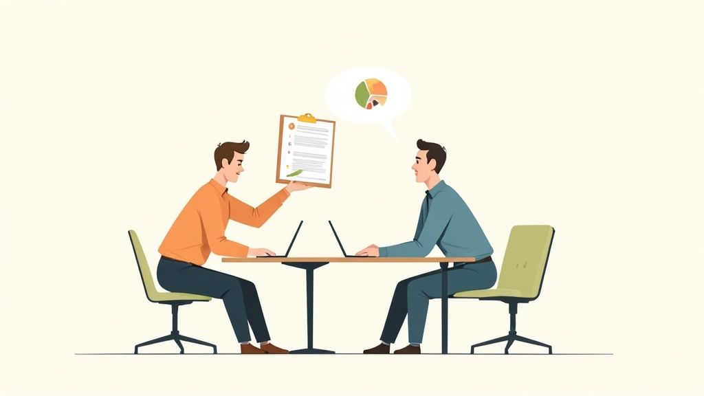 A candidate being interviewed by two executives in a bright, modern office.