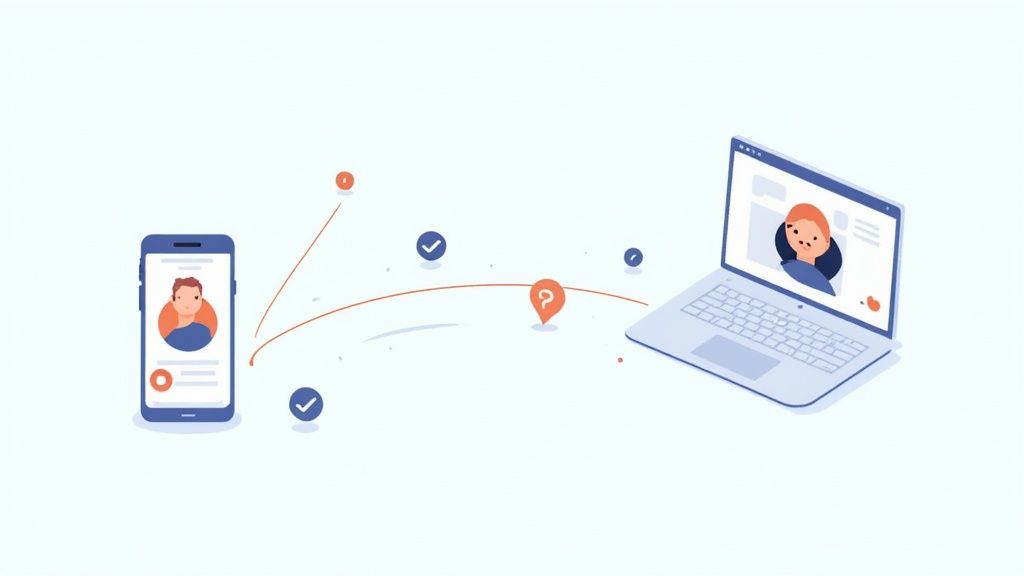 An illustration showing a smartphone and a laptop connected, displaying user profiles and data transfer.