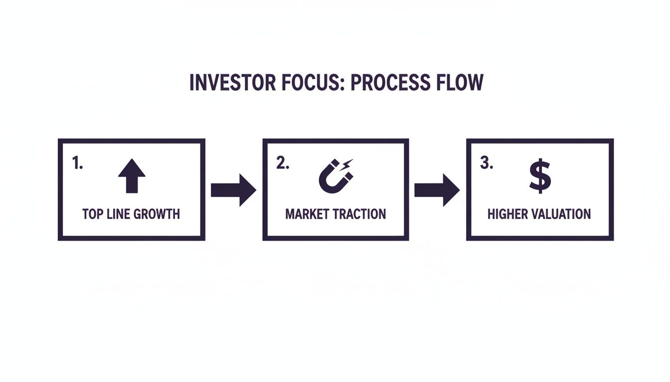 A three-step investor focus process flow diagram illustrating top line growth, market traction, and higher valuation.
