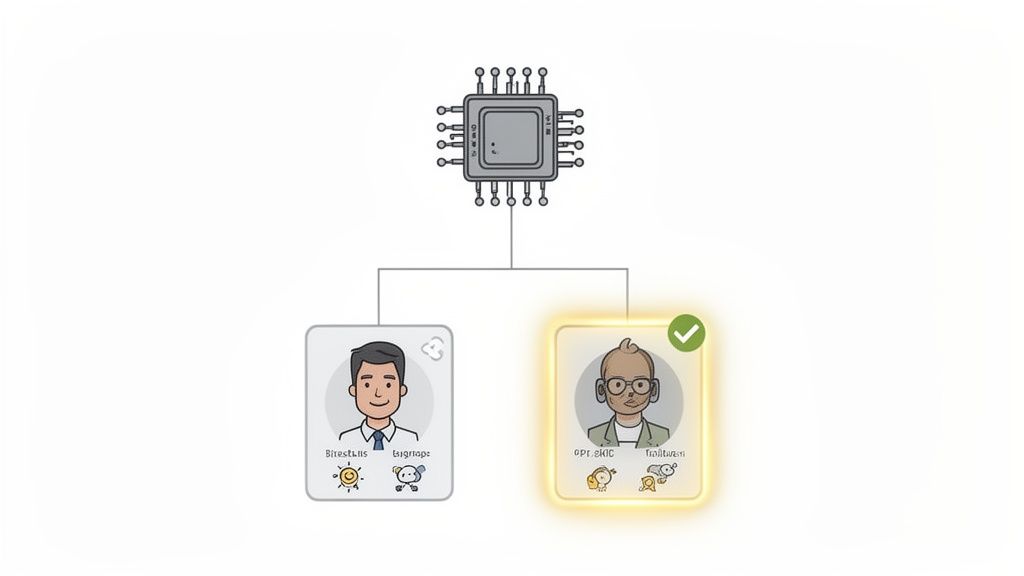 Diagram showing a central processing unit connected to two profile cards, one highlighted with a green checkmark.