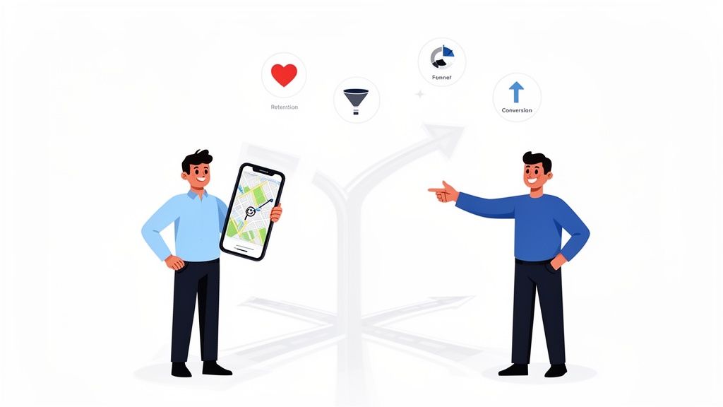Two cartoon men illustrate business strategy with a phone map, showing paths for retention, funnel, and conversion.