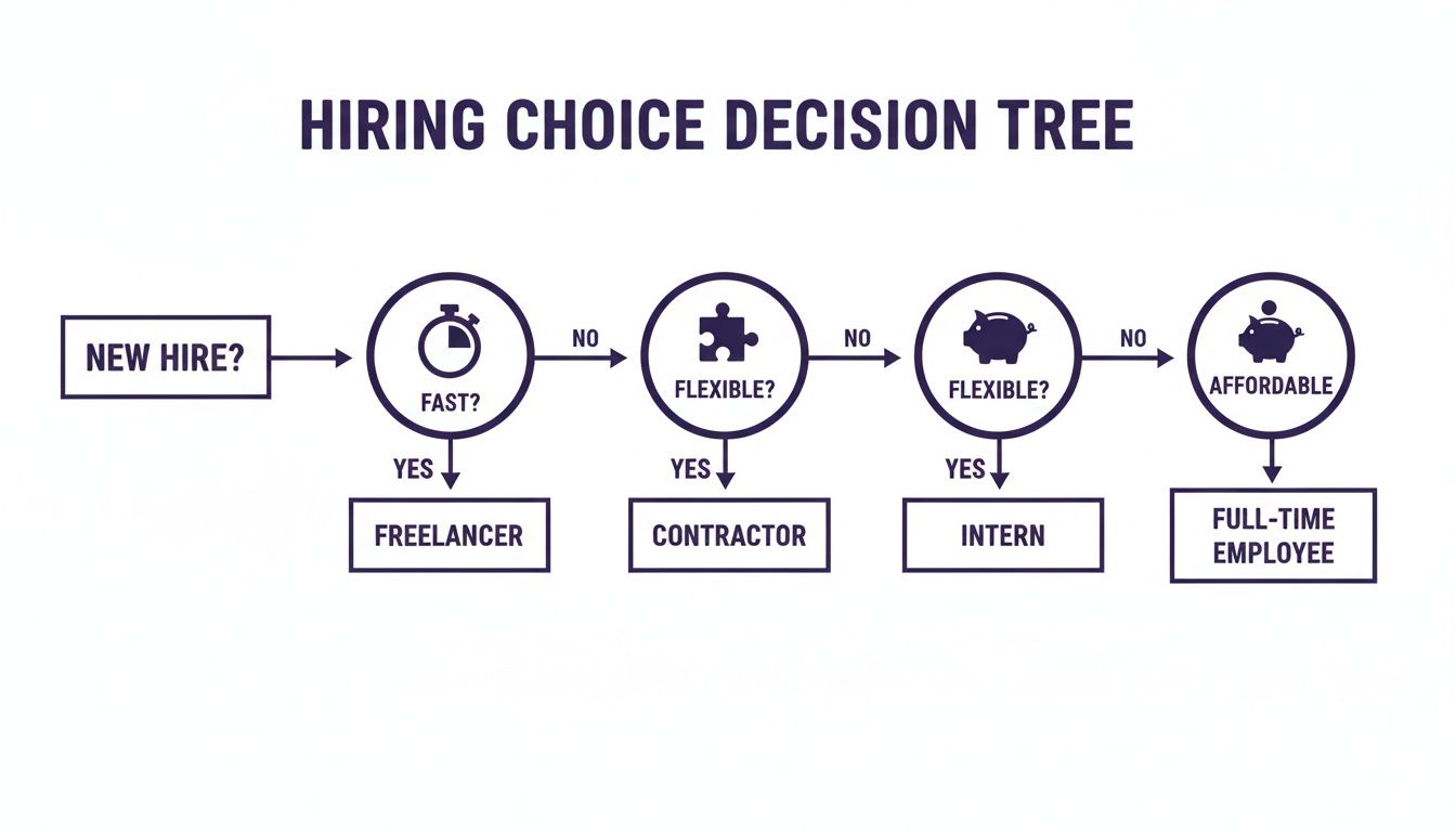 Flowchart illustrating hiring decisions based on speed, flexibility, and affordability, leading to different employment types.