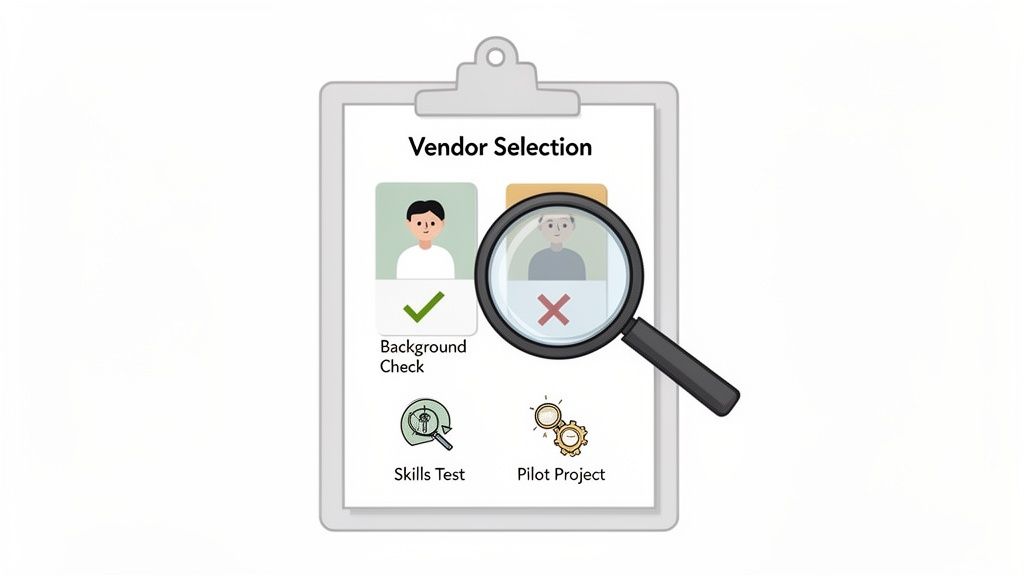 A clipboard showing vendor selection criteria including background checks, skills tests, and pilot projects, with one vendor approved and another rejected.