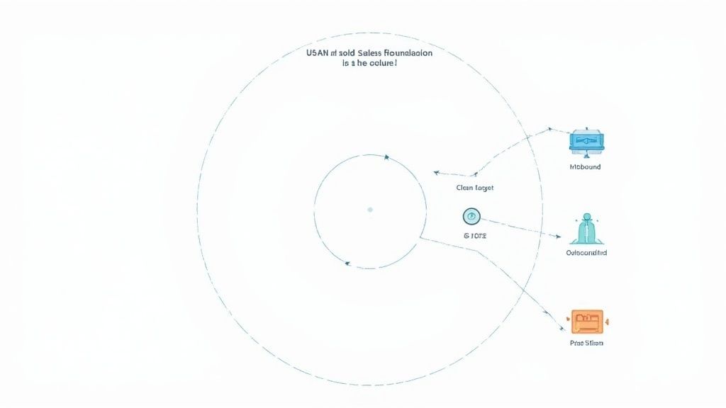 A group of sales professionals collaborating in a modern office, planning their strategy on a whiteboard.
