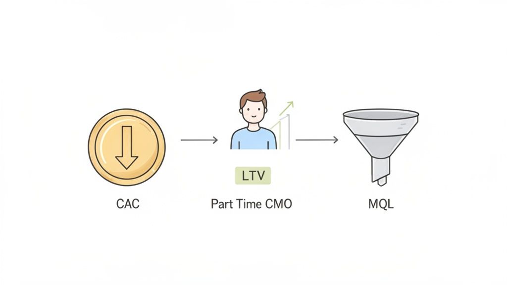 Diagram illustrating how a Part Time CMO impacts Customer Acquisition Cost, Lifetime Value, and Marketing Qualified Leads.